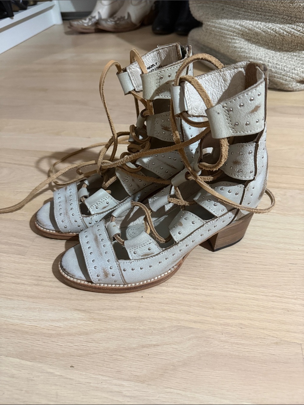 Freebird by Steven Hazel Light Gray Studded Lace-Up Gladiator Sandals